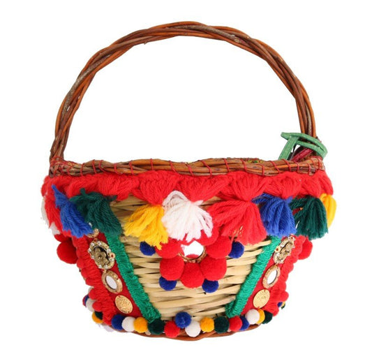 Dolce & Gabbana Elegant Beige Straw & Exotic Skins Pom Pom Tote - Sandy Store ByNet
