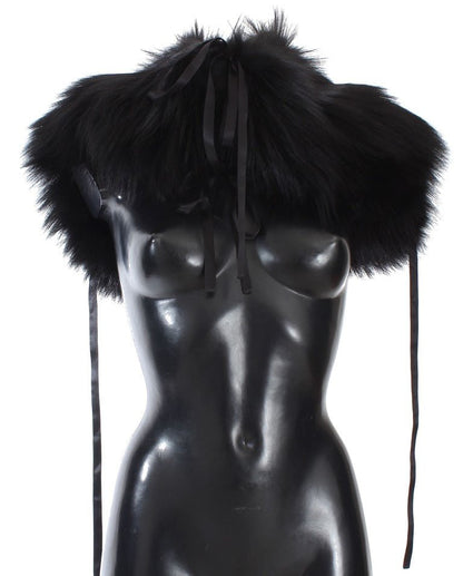 Dolce & Gabbana Elegant Black Fox Fur Silk Shoulder Wrap - Sandy Store ByNet