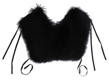 Dolce & Gabbana Elegant Black Fox Fur Silk Shoulder Wrap - Sandy Store ByNet