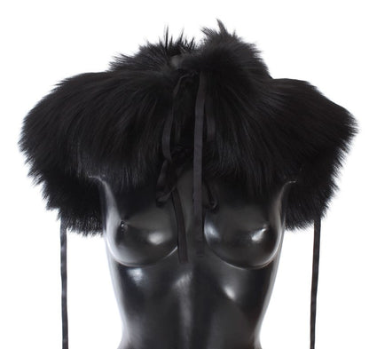 Dolce & Gabbana Elegant Black Fox Fur Silk Shoulder Wrap - Sandy Store ByNet