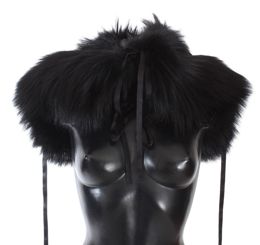 Dolce & Gabbana Elegant Black Fox Fur Silk Shoulder Wrap - Sandy Store ByNet