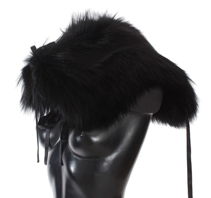 Dolce & Gabbana Elegant Black Fox Fur Silk Shoulder Wrap - Sandy Store ByNet