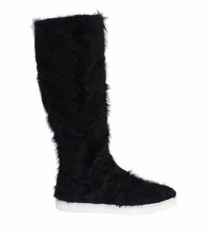 Dolce & Gabbana Elegant Black Fur Leather Flat Sneaker Boots - Sandy Store ByNet