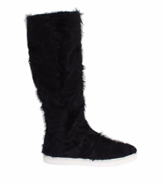 Dolce & Gabbana Elegant Black Fur Leather Flat Sneaker Boots - Sandy Store ByNet