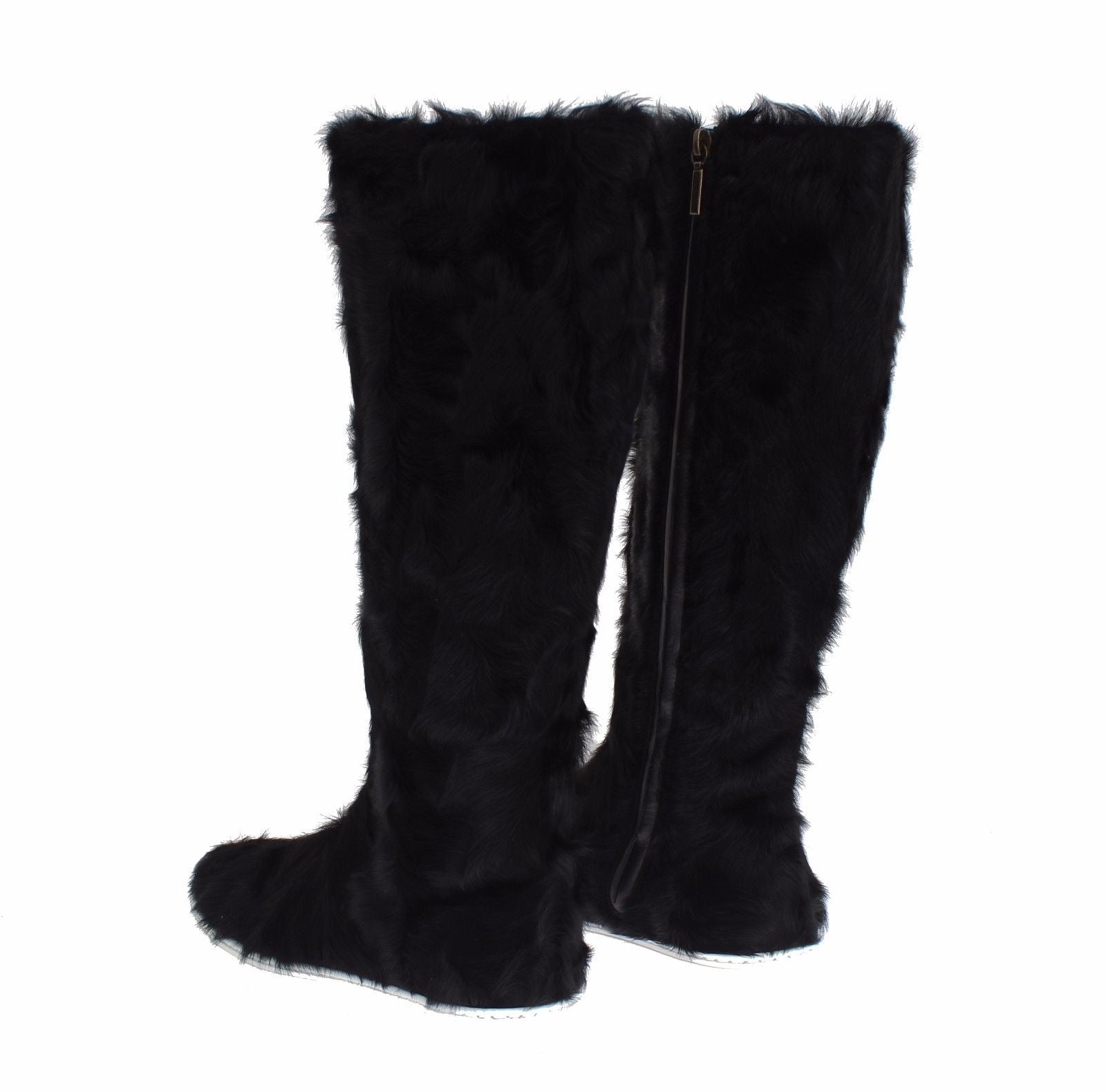 Dolce & Gabbana Elegant Black Fur Leather Flat Sneaker Boots - Sandy Store ByNet