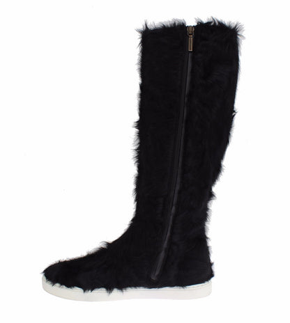 Dolce & Gabbana Elegant Black Fur Leather Flat Sneaker Boots - Sandy Store ByNet