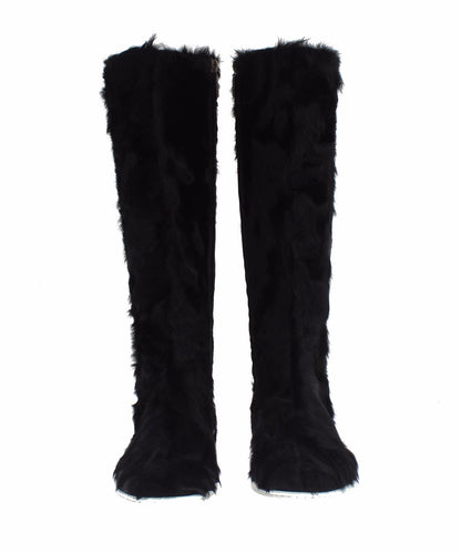 Dolce & Gabbana Elegant Black Fur Leather Flat Sneaker Boots - Sandy Store ByNet