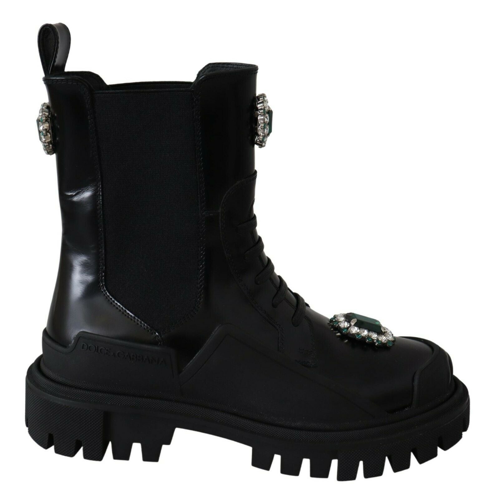 Dolce & Gabbana Elegant Black Leather Combat Boots with Crystal Detail - Sandy Store ByNet