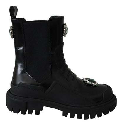 Dolce & Gabbana Elegant Black Leather Combat Boots with Crystal Detail - Sandy Store ByNet