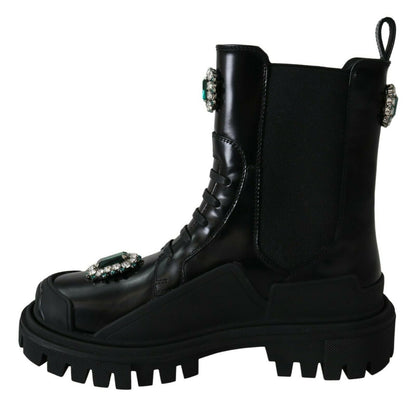 Dolce & Gabbana Elegant Black Leather Combat Boots with Crystal Detail - Sandy Store ByNet