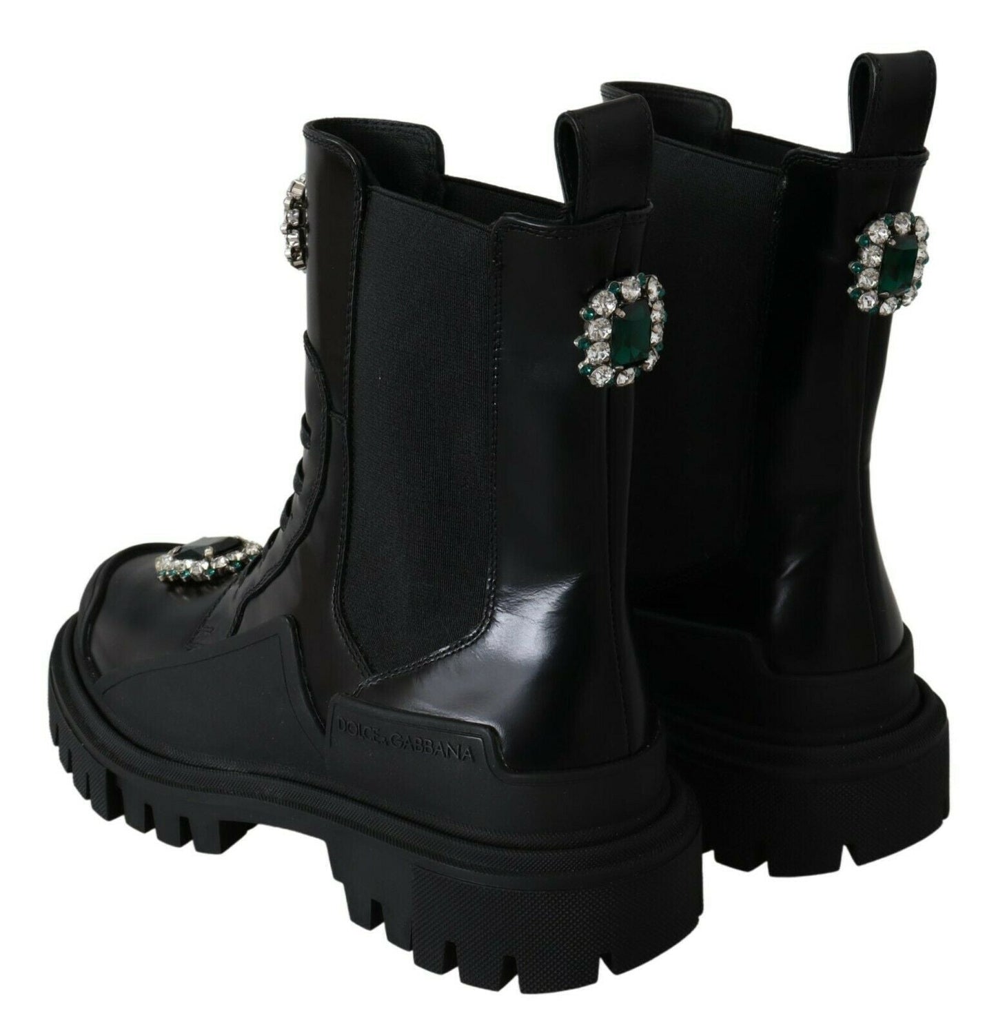 Dolce & Gabbana Elegant Black Leather Combat Boots with Crystal Detail - Sandy Store ByNet