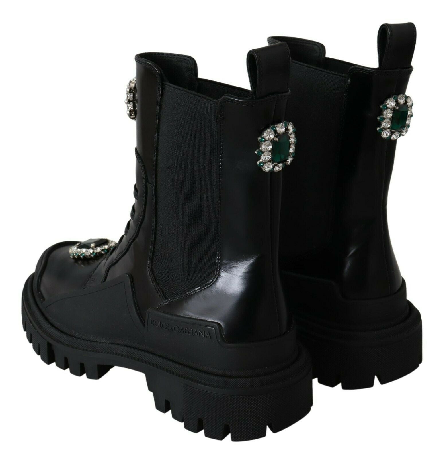 Dolce & Gabbana Elegant Black Leather Combat Boots with Crystal Detail - Sandy Store ByNet