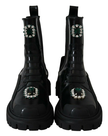 Dolce & Gabbana Elegant Black Leather Combat Boots with Crystal Detail - Sandy Store ByNet