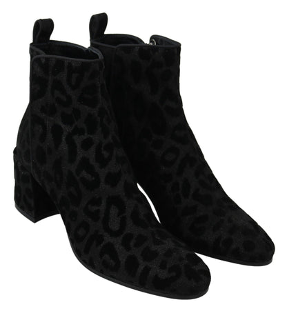 Dolce & Gabbana Elegant Black Leopard Print Short Boots - Sandy Store ByNet