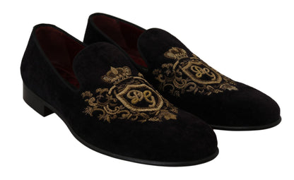 Dolce & Gabbana Elegant Black Loafers with Gold Crown Embroidery - Sandy Store ByNet