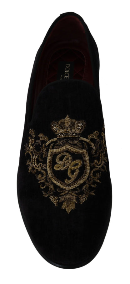 Dolce & Gabbana Elegant Black Loafers with Gold Crown Embroidery - Sandy Store ByNet