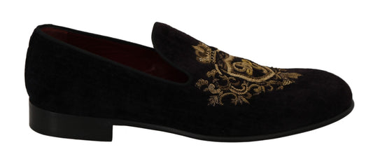 Dolce & Gabbana Elegant Black Loafers with Gold Crown Embroidery - Sandy Store ByNet