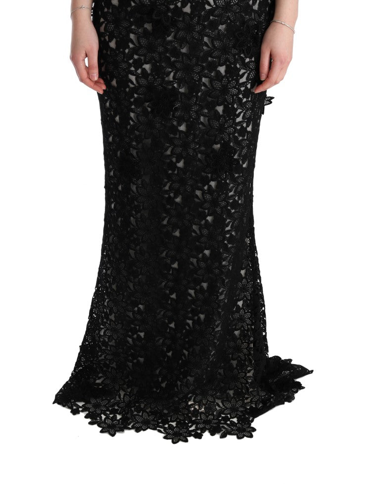 Dolce & Gabbana Elegant Black Maxi Shift Dress with Floral Applique - Sandy Store ByNet