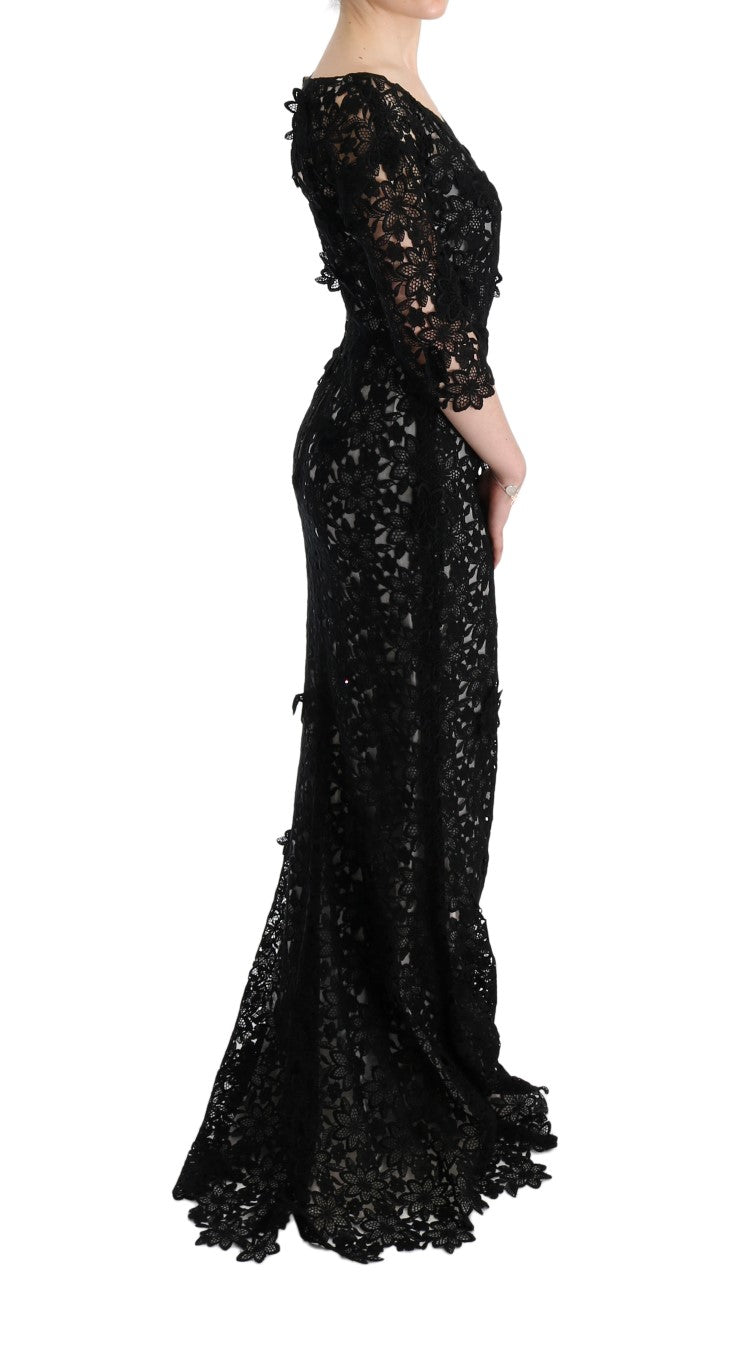 Dolce & Gabbana Elegant Black Maxi Shift Dress with Floral Applique - Sandy Store ByNet