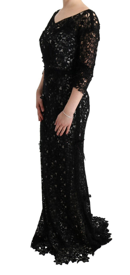 Dolce & Gabbana Elegant Black Maxi Shift Dress with Floral Applique - Sandy Store ByNet
