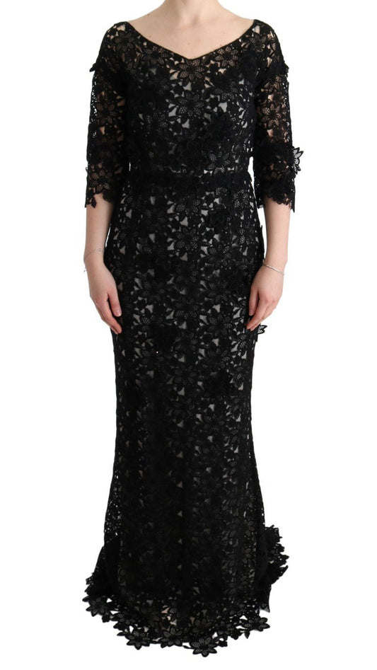 Dolce & Gabbana Elegant Black Maxi Shift Dress with Floral Applique - Sandy Store ByNet