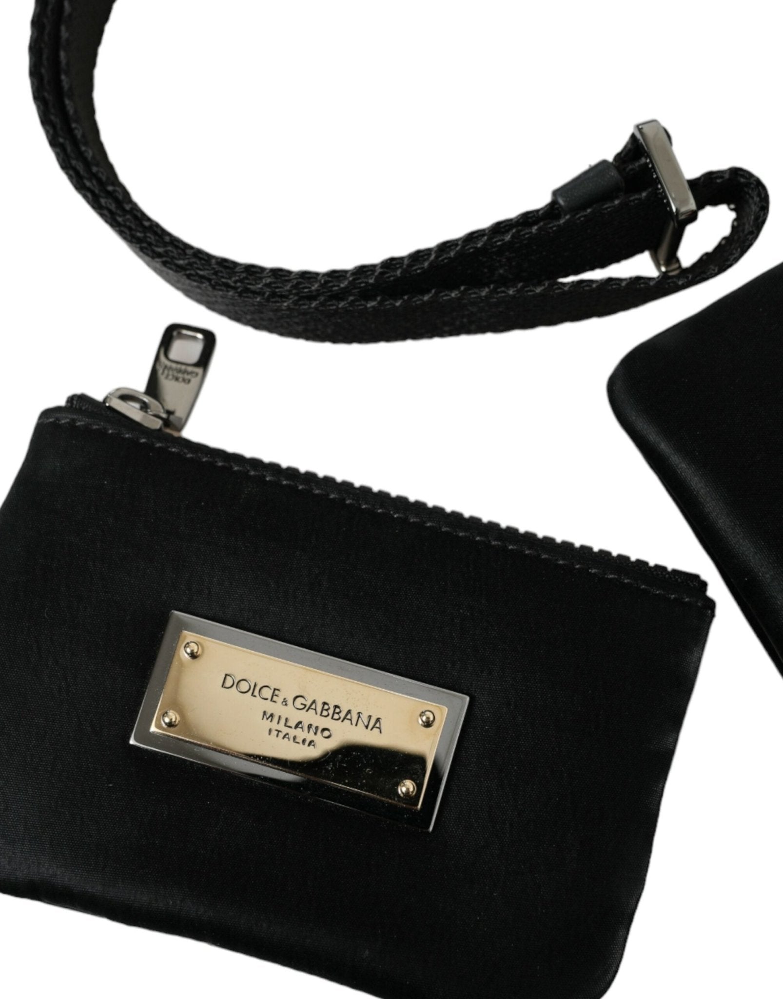 Dolce & Gabbana Elegant Black Nylon Leather Pouch with Silver Details - Sandy Store ByNet
