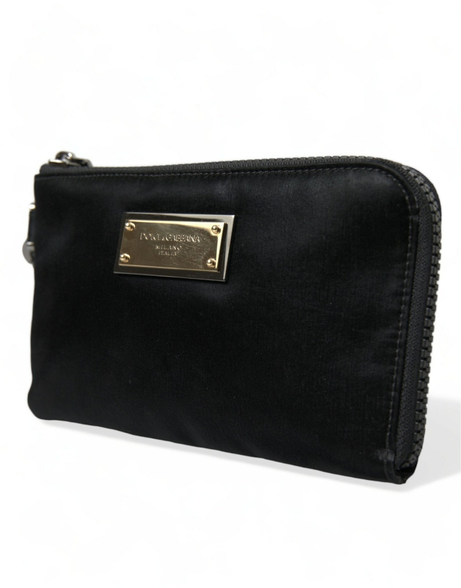 Dolce & Gabbana Elegant Black Nylon Leather Pouch with Silver Details - Sandy Store ByNet