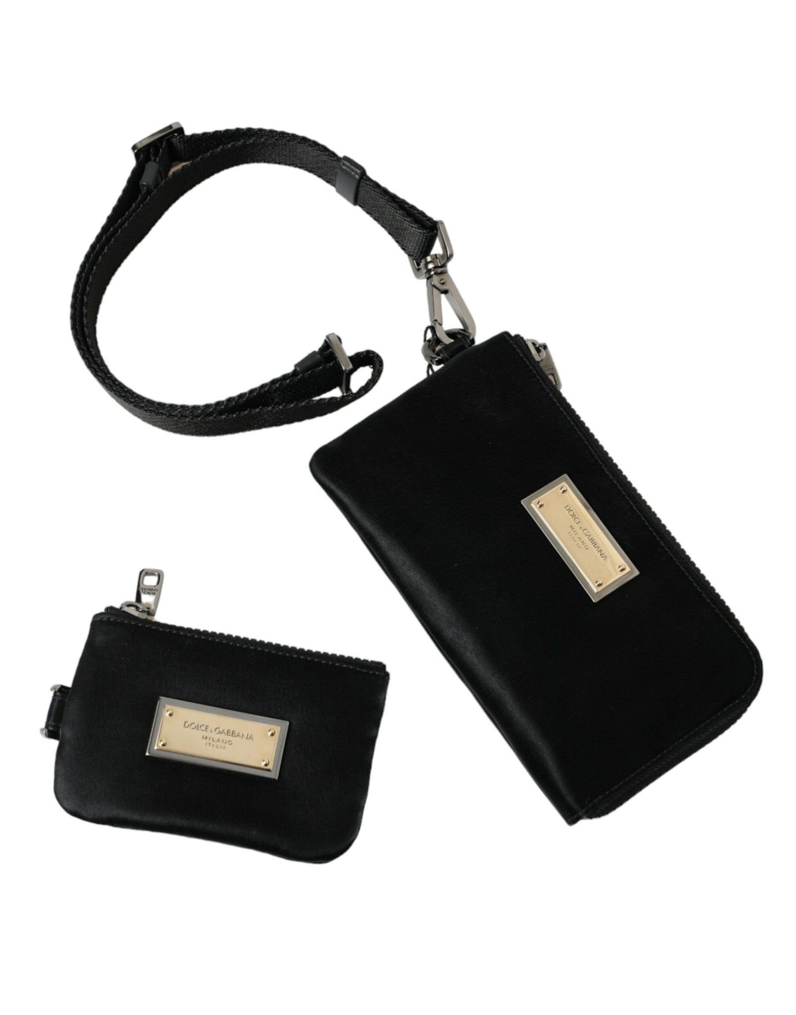 Dolce & Gabbana Elegant Black Nylon Leather Pouch with Silver Details - Sandy Store ByNet
