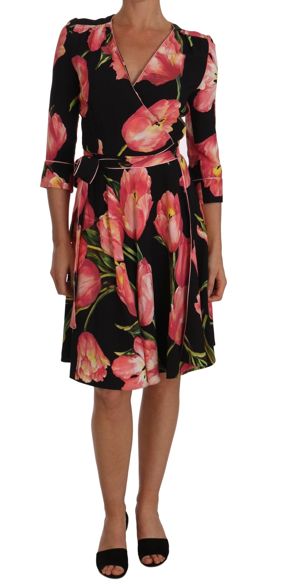 Dolce & Gabbana Elegant Black Shift Dress with Pink Tulips Print - Sandy Store ByNet