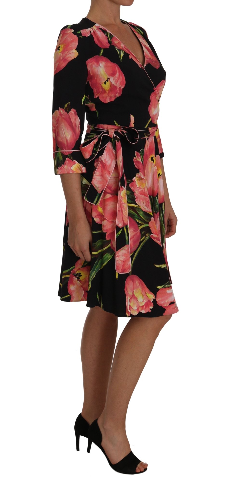 Dolce & Gabbana Elegant Black Shift Dress with Pink Tulips Print - Sandy Store ByNet