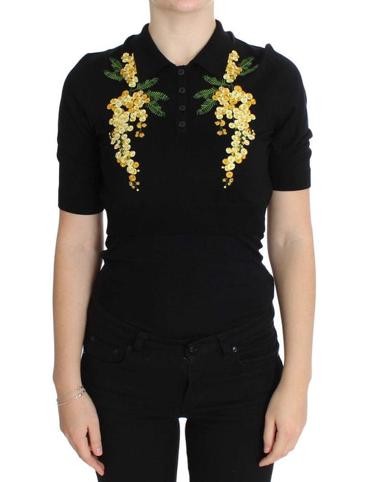 Dolce & Gabbana Elegant Black Silk Floral Polo Top - Sandy Store ByNet