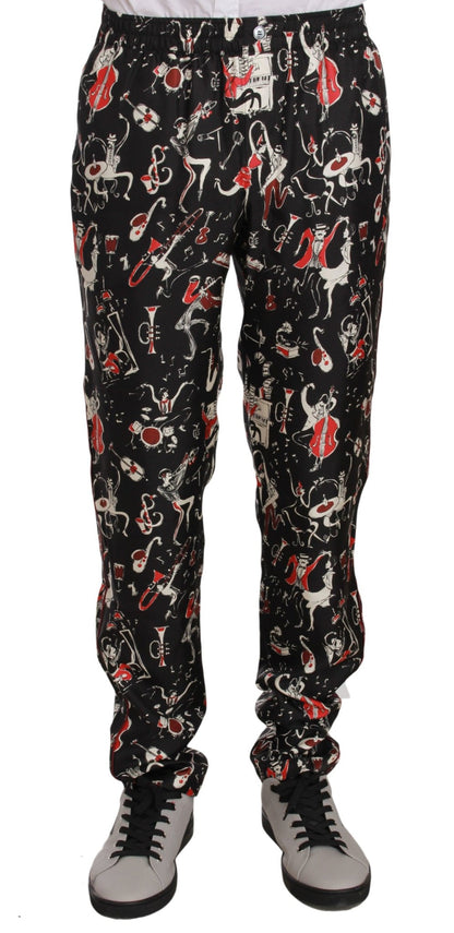 Dolce & Gabbana Elegant Black Silk Lounge Pants with Red Print - Sandy Store ByNet