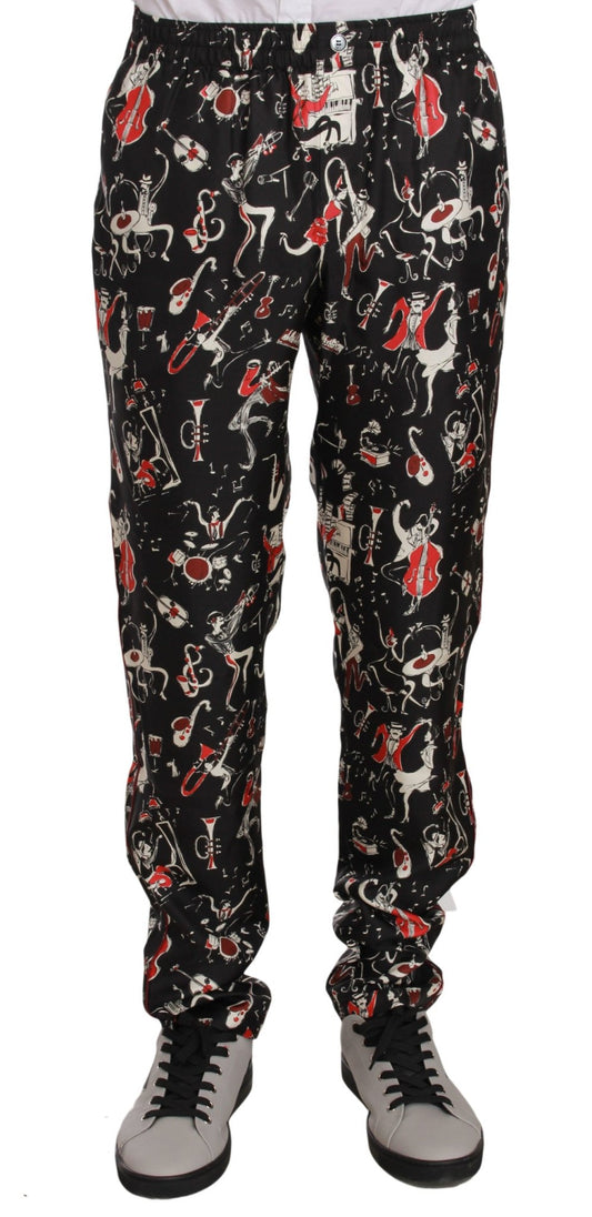 Dolce & Gabbana Elegant Black Silk Lounge Pants with Red Print - Sandy Store ByNet