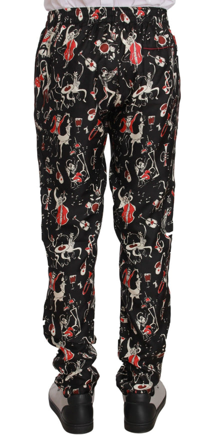 Dolce & Gabbana Elegant Black Silk Lounge Pants with Red Print - Sandy Store ByNet