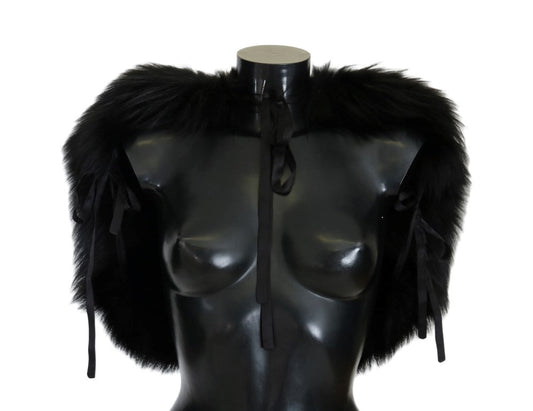 Dolce & Gabbana Elegant Black Silver Fox Fur Wrap Scarf - Sandy Store ByNet