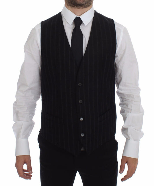 Dolce & Gabbana Elegant Black Striped Single Breasted Dress Vest - Sandy Store ByNet