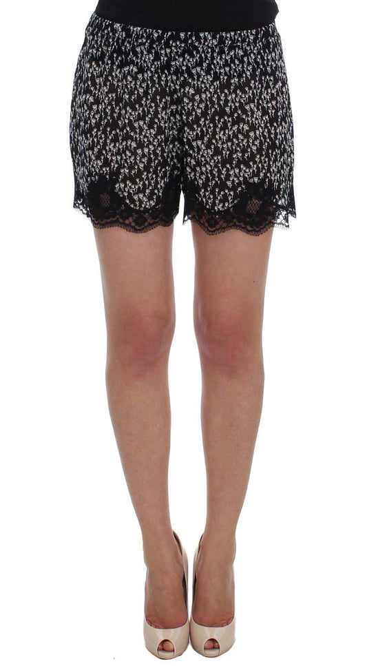 Dolce & Gabbana Elegant Black & White Floral Lace Silk Shorts - Sandy Store ByNet