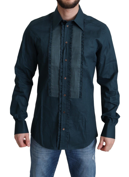 Dolce & Gabbana Elegant Blue Ruffled Tuxedo Shirt - Sandy Store ByNet
