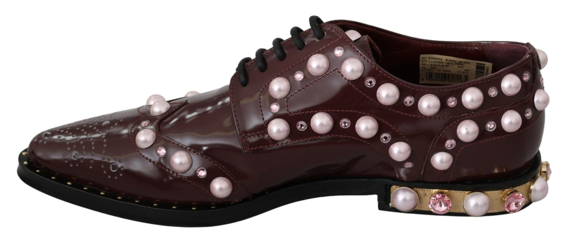 Dolce & Gabbana Elegant Bordeaux Lace - Up Flats with Pearls and Crystals - Sandy Store ByNet