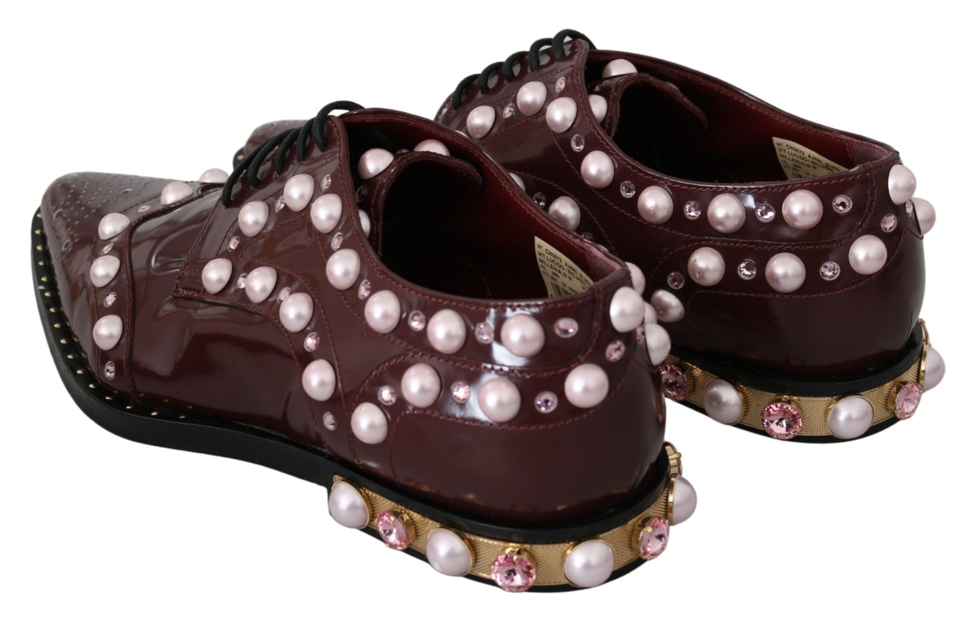 Dolce & Gabbana Elegant Bordeaux Lace - Up Flats with Pearls and Crystals - Sandy Store ByNet