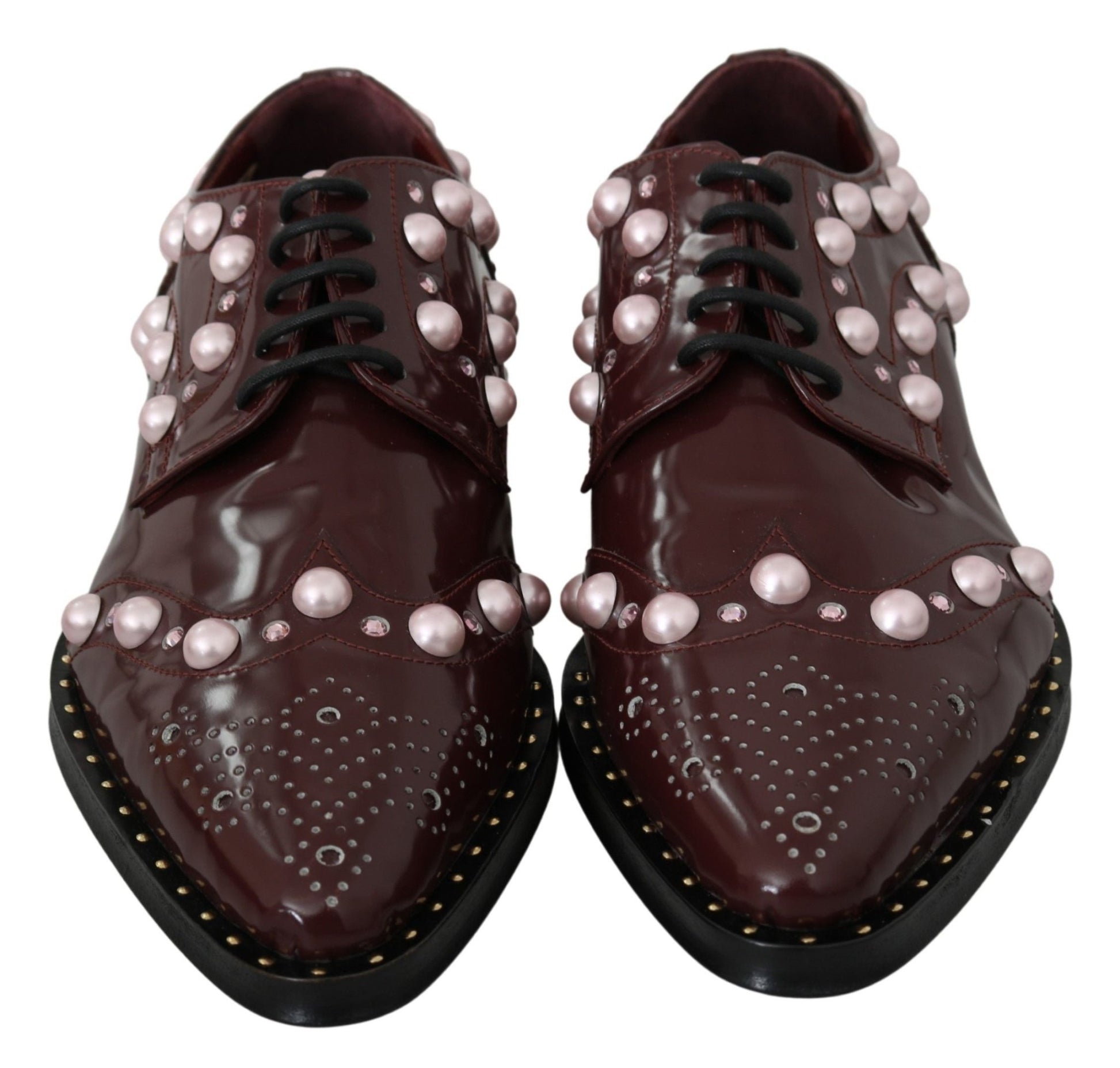 Dolce & Gabbana Elegant Bordeaux Lace - Up Flats with Pearls and Crystals - Sandy Store ByNet