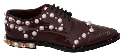Dolce & Gabbana Elegant Bordeaux Lace - Up Flats with Pearls and Crystals - Sandy Store ByNet
