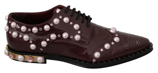 Dolce & Gabbana Elegant Bordeaux Lace - Up Flats with Pearls and Crystals - Sandy Store ByNet