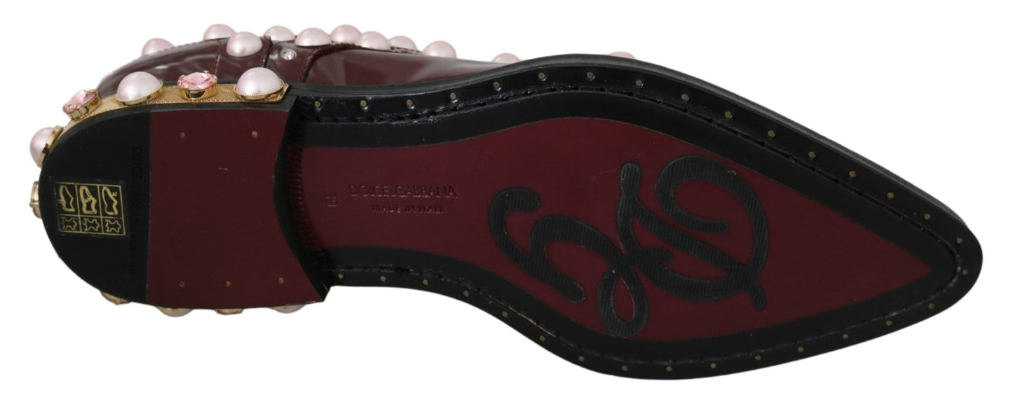 Dolce & Gabbana Elegant Bordeaux Lace - Up Flats with Pearls and Crystals - Sandy Store ByNet