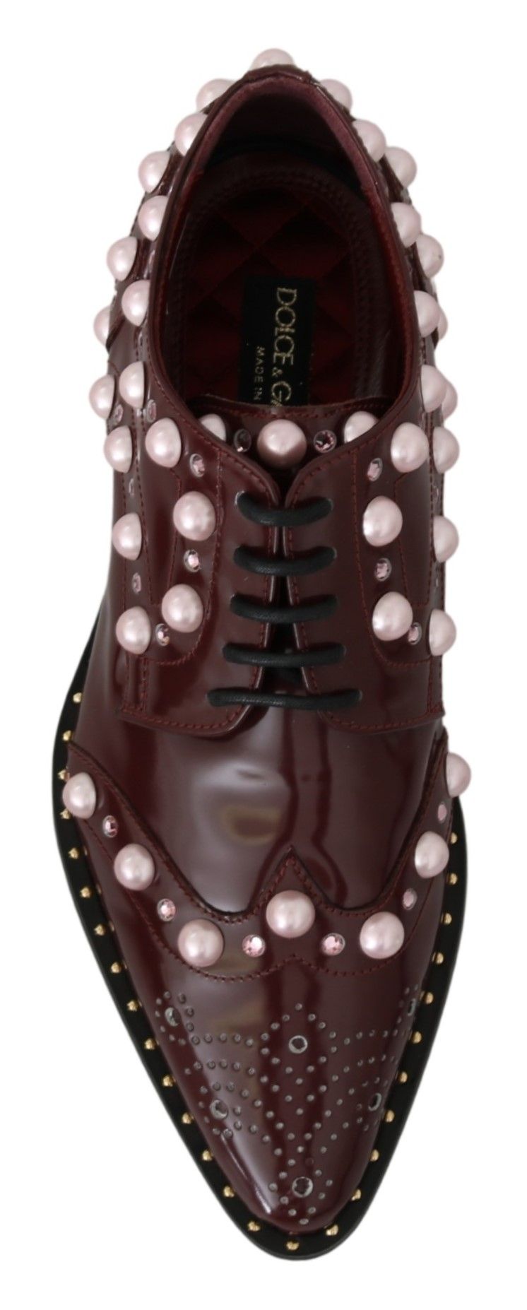 Dolce & Gabbana Elegant Bordeaux Lace - Up Flats with Pearls and Crystals - Sandy Store ByNet