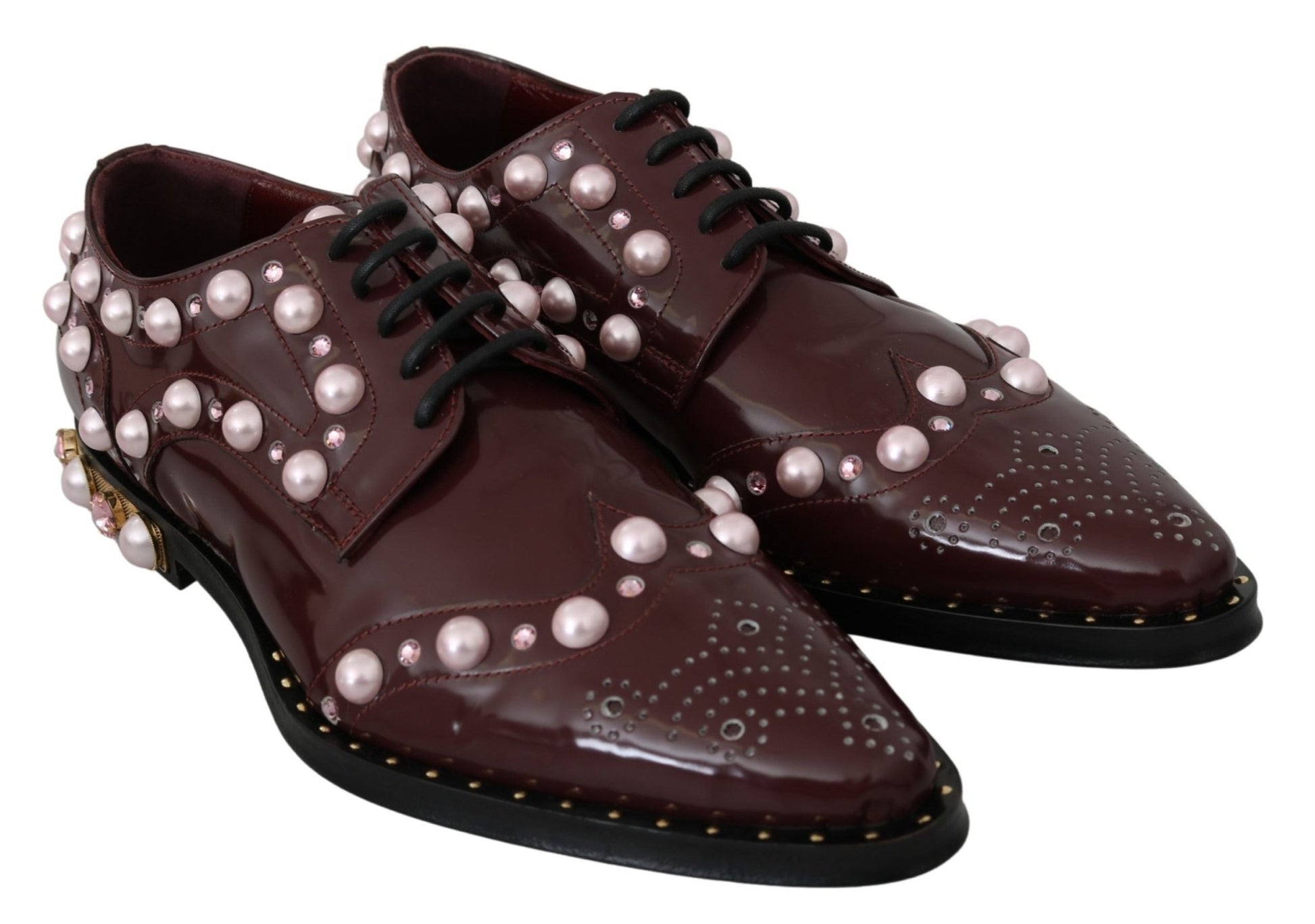 Dolce & Gabbana Elegant Bordeaux Lace - Up Flats with Pearls and Crystals - Sandy Store ByNet