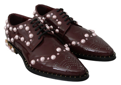 Dolce & Gabbana Elegant Bordeaux Lace - Up Flats with Pearls and Crystals - Sandy Store ByNet