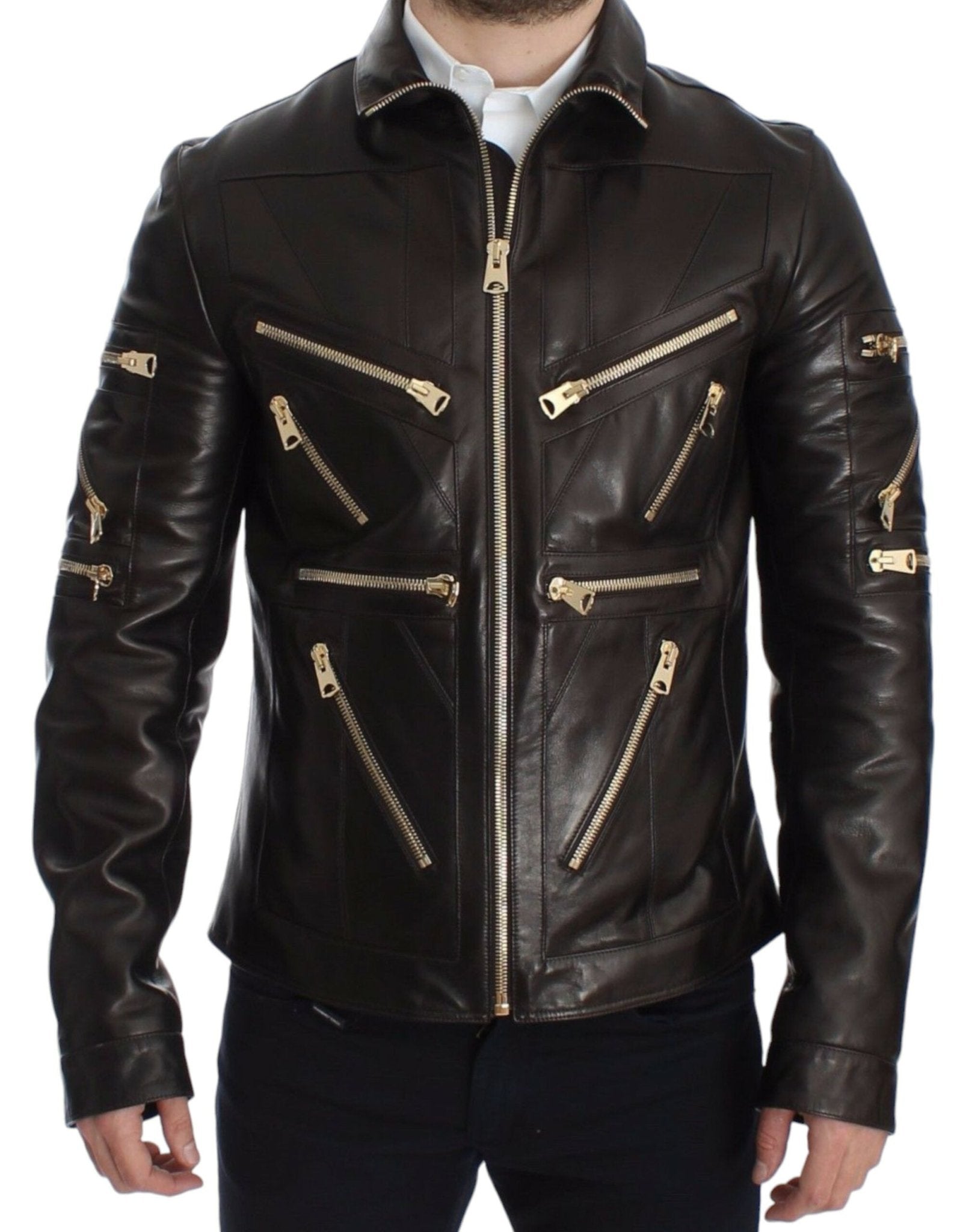 Dolce & Gabbana Elegant Brown Gold - Detailed Leather Jacket - Sandy Store ByNet
