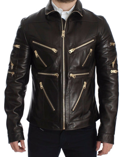 Dolce & Gabbana Elegant Brown Gold - Detailed Leather Jacket - Sandy Store ByNet