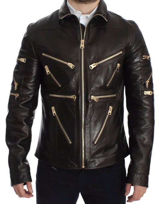 Dolce & Gabbana Elegant Brown Gold - Detailed Leather Jacket - Sandy Store ByNet